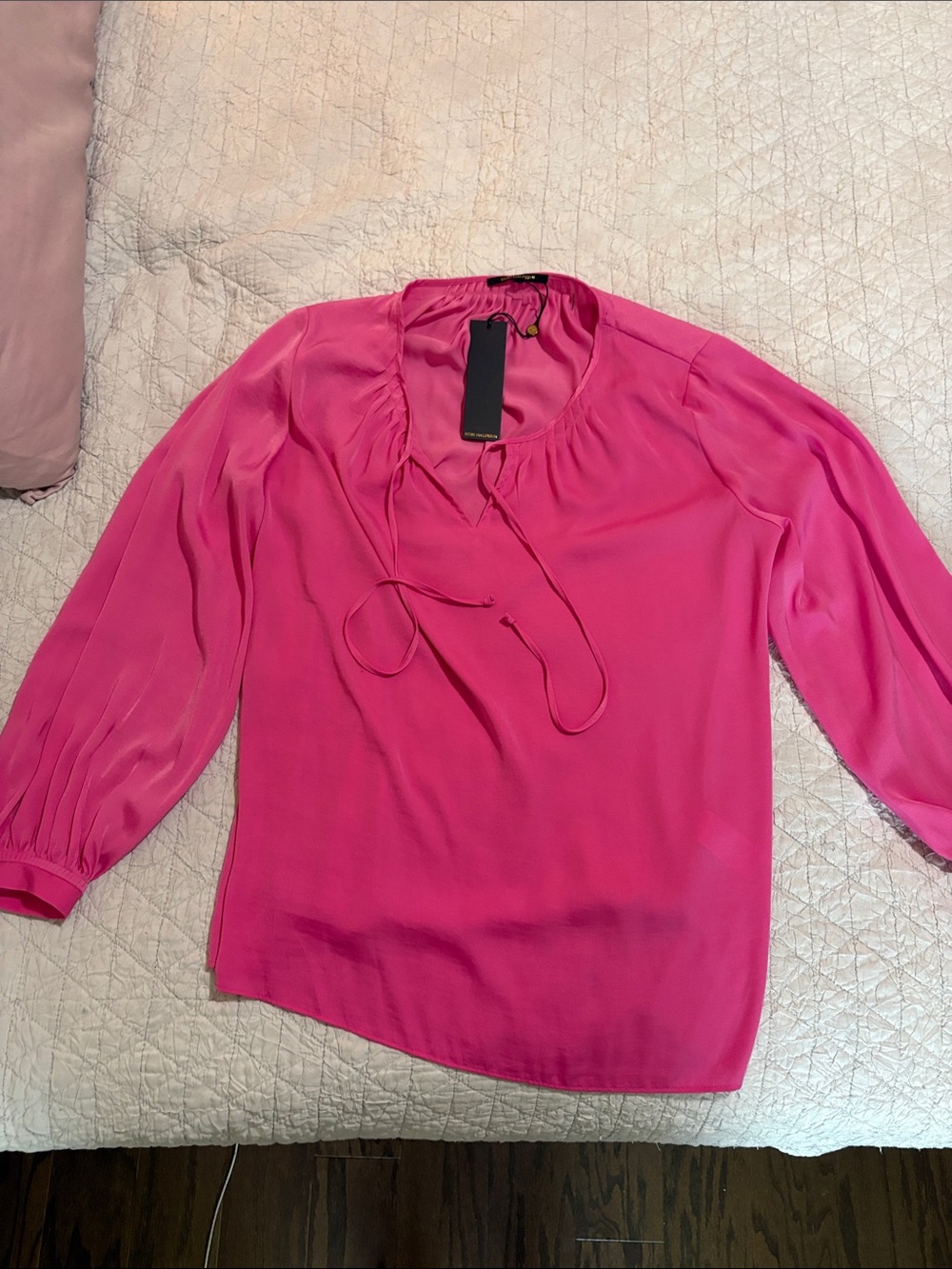 Kobi Halperin Vivid Pink Tie-Neck Silk Blouse